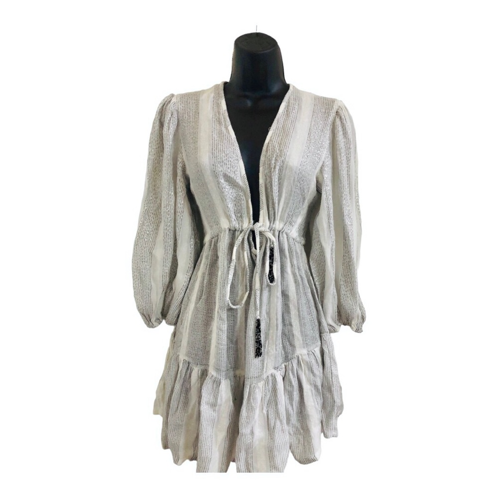 Blue Island white silver metallic low cut blouson sleeve embroidered mini dress - Picture 1 of 16